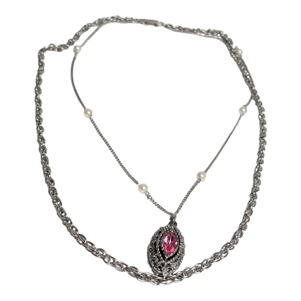 Vintage Style Layered Necklace Pink Rhinestone Marquise Pendant‎ Pearl Accents - Picture 5 of 9